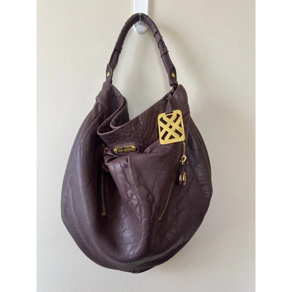 Joelle‎ Hawkens Hobo Slouch Leather Handbag Plum Purple Wrapped Handle Large New